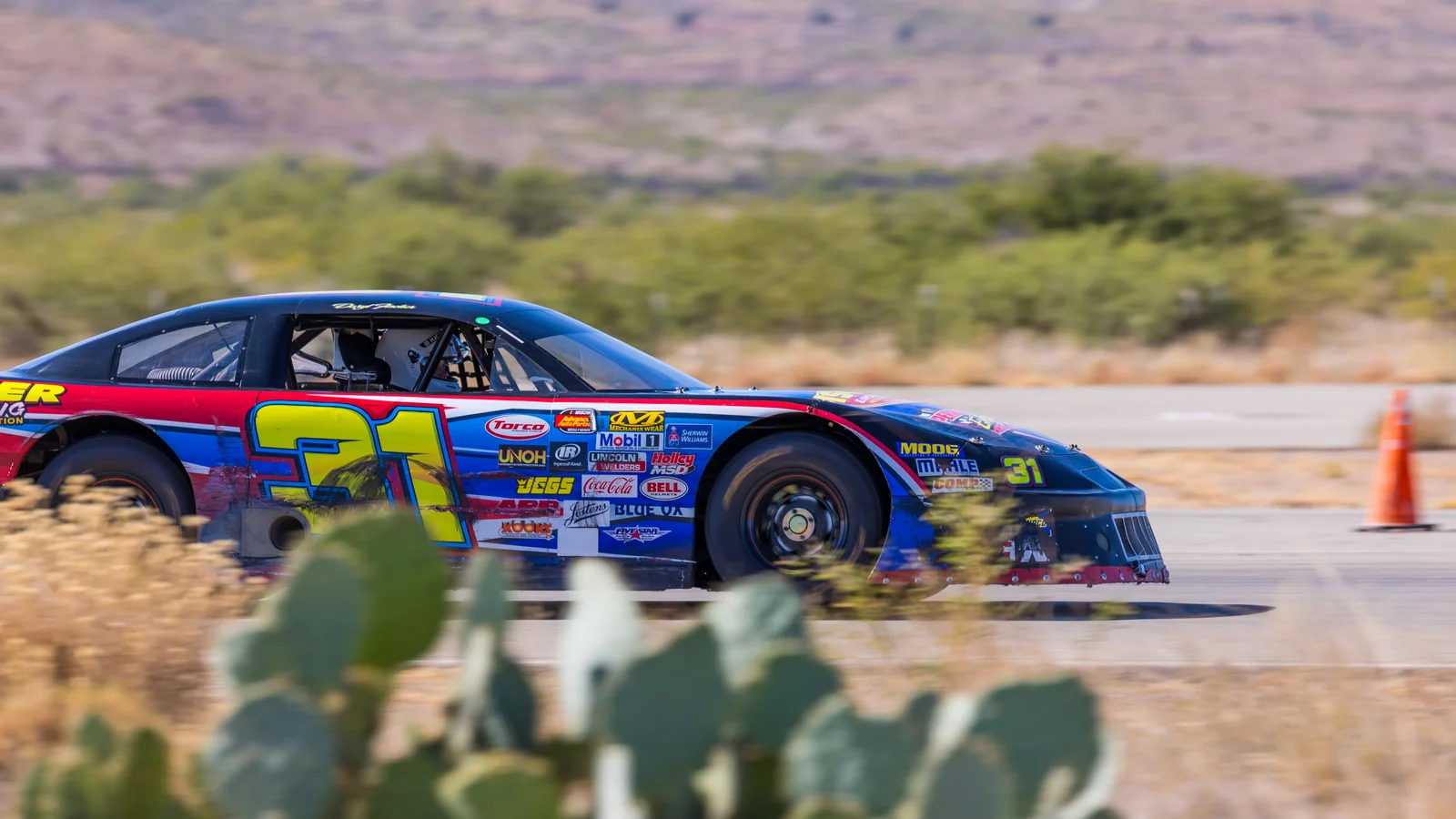 Number 31 stock car racing past desert vegetation at INDE